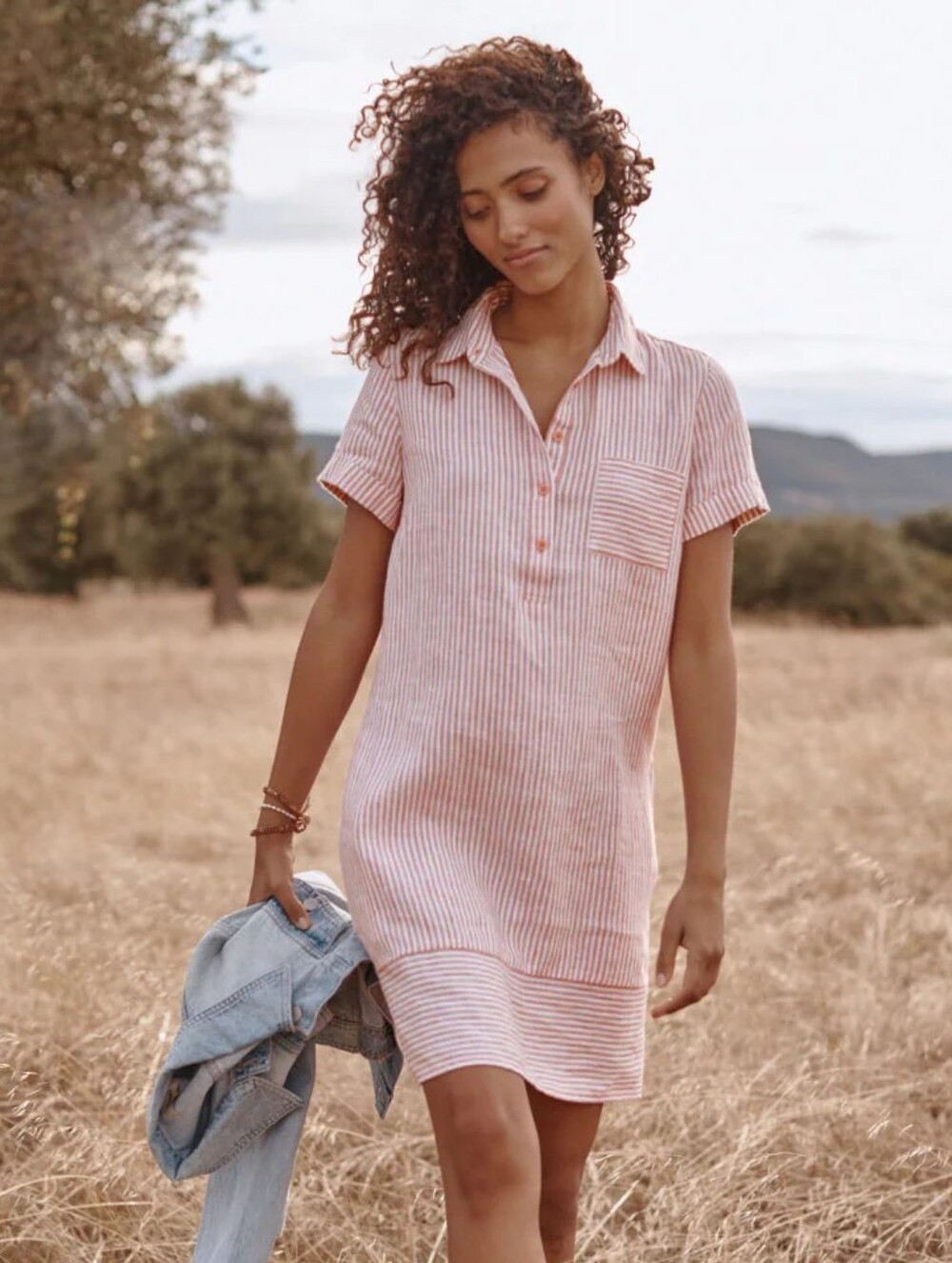 GARNET HILL Dress Womens M Coral Mini Stripe Linen Relaxed Popover Shirtdress